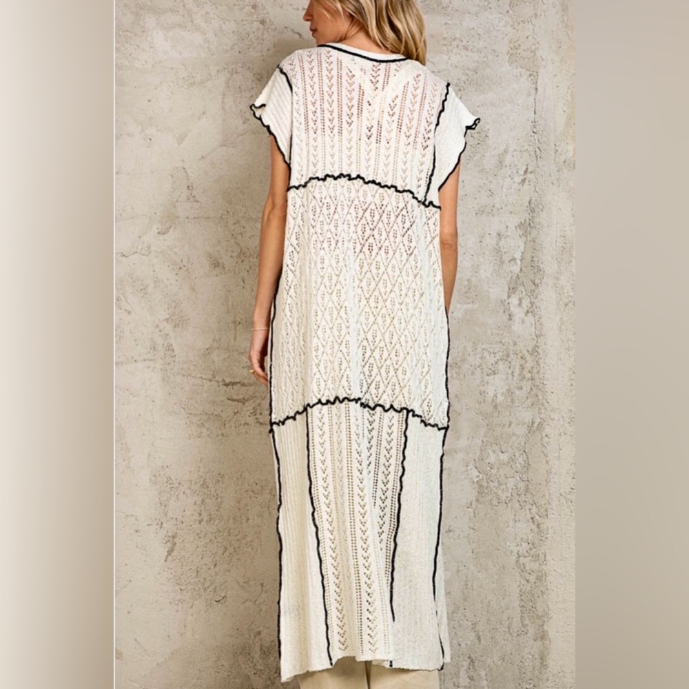 POL White + Black Crochet Duster | Sleeveless Boho Knit Cardigan - Picture 6 of 8